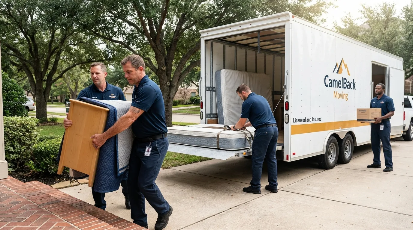 Crew loading residential truck for cross-state move from Mineral Wells, WV