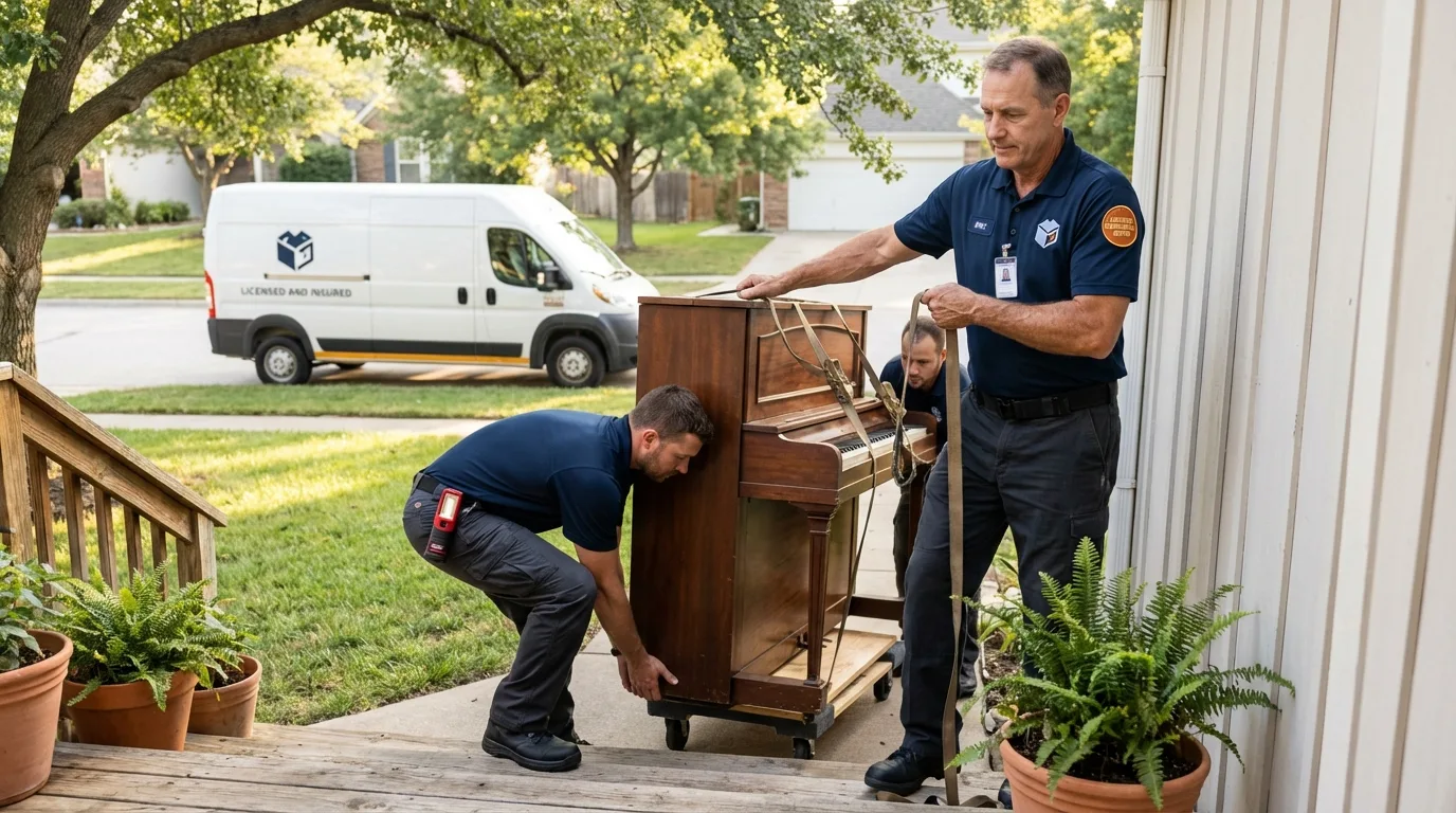 Licensed piano movers securing grand piano in Mineral Wells, WV