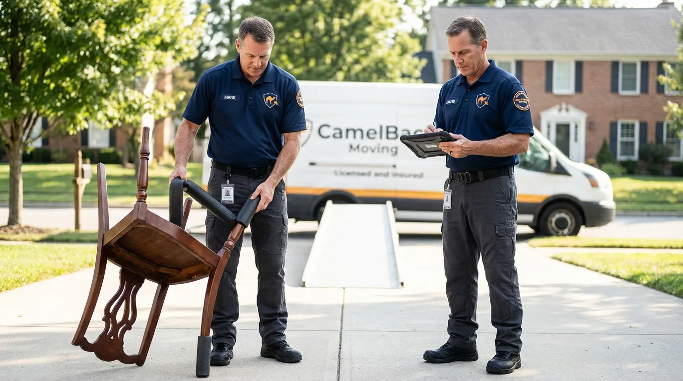 Movers inspecting furniture for damage prevention before loading in Mineral Wells, WV