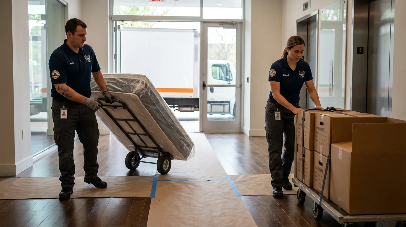Professional apartment movers loading elevator in Mineral Wells, WV