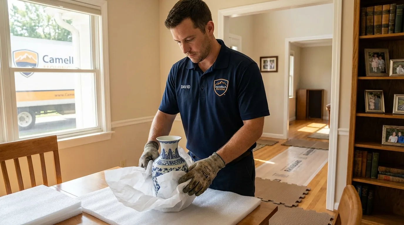 Professional crew carefully wrapping antique vase for senior downsizing move in Mineral Wells, WV